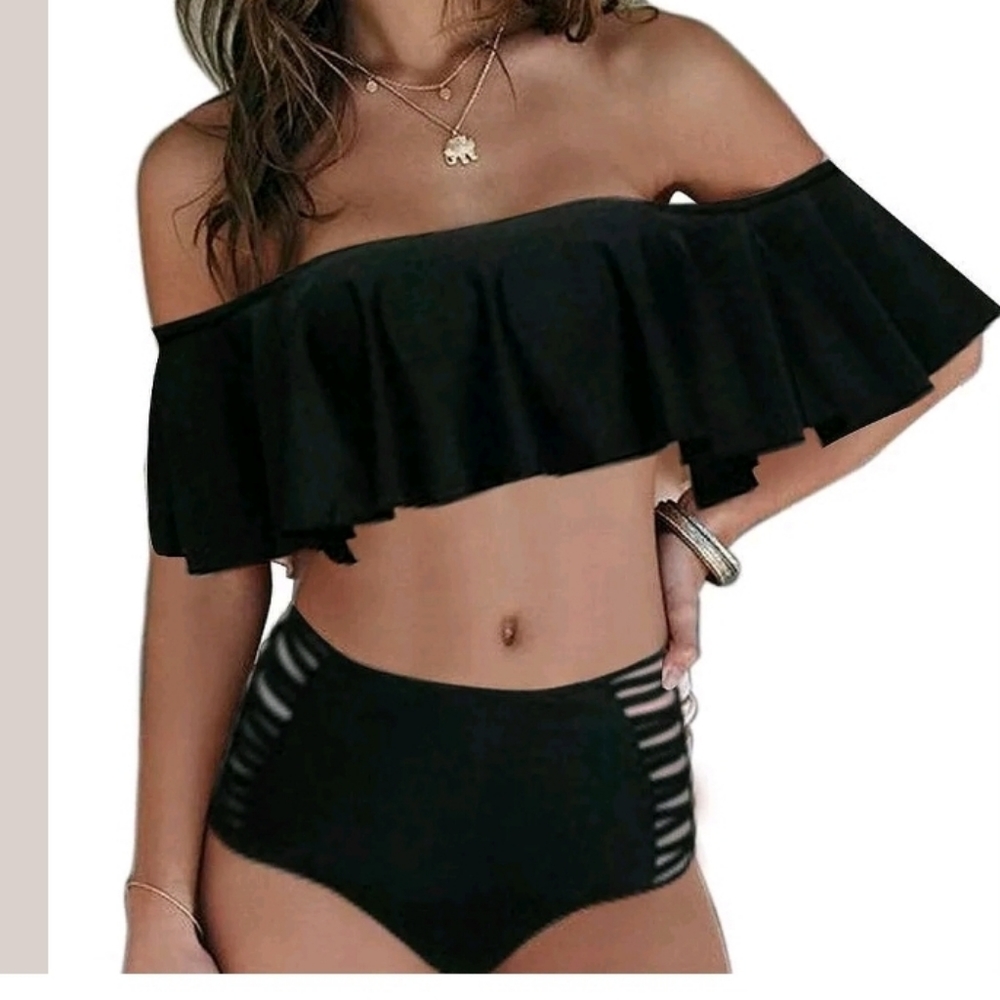 👙NWT HIGH RISE 2pc SWIM SUIToff SHOULDER Strappy High waist bottom.